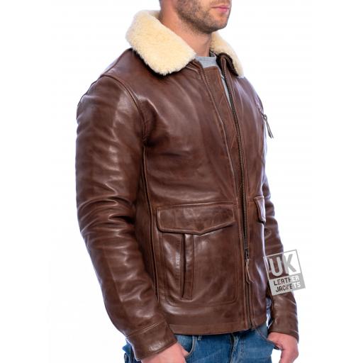 Mens Brown Leather Pilot Jacket - Harrier -  Wool Collar