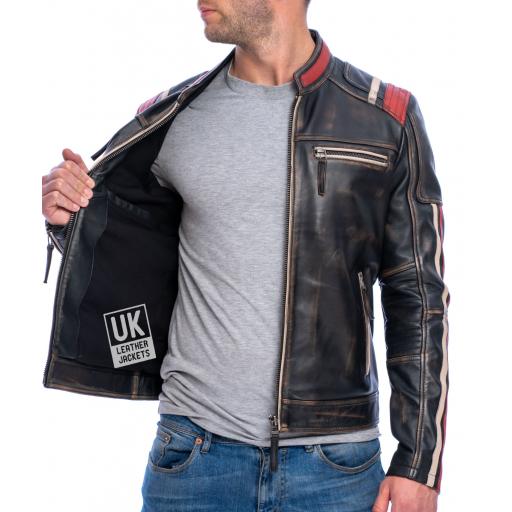 Men's Black Faded Leather Jacket - Dante - Superior Quality - Lining