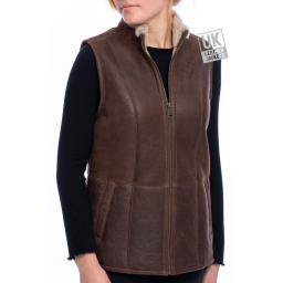 Womens Sheepskin Zip Gilet - Chestnut Brown - Front