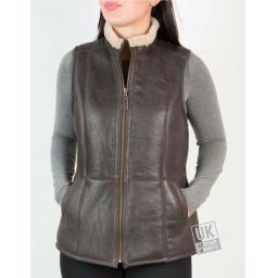 Womens  Brown Sheepskin Zip Gilet - Front