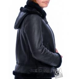 Womens Black Sheepskin Flying Jacket - Geneva - Detachable Hood - Wool Trim