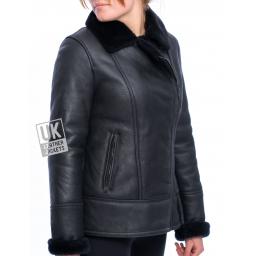 Womens Black Shearling Sheepskin Flying Jacket - Sienna - Front