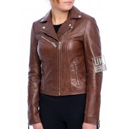 Womens Dark Tan Leather Biker Jacket – Eden - Side 1