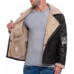 Mens Shearling Sheepskin Flying Jacket - Vail - Aged Crinkle Brown - Lining