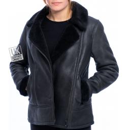 Womens Black Shearling Sheepskin Flying Jacket - Sienna - Double Breasted