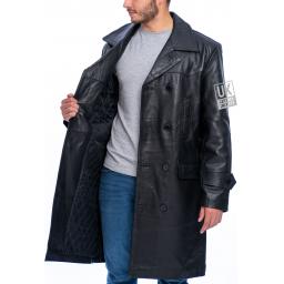 Mens Black Leather Trench Coat - Double Breasted - Black Lining