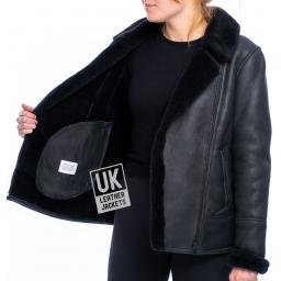 Womens Black Shearling Sheepskin Flying Jacket - Sienna - Lining