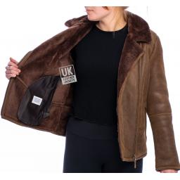 Womens Sheepskin Flying Jacket - Sierra - Dark Chestnut - Lining