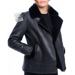 Womens Black Shearling Sheepskin Flying Jacket - Sienna - Cross Zip