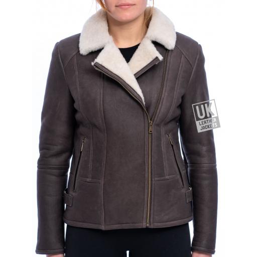 Womens Brown Sheepskin Flying Jacket - Sierra - Cross Zip