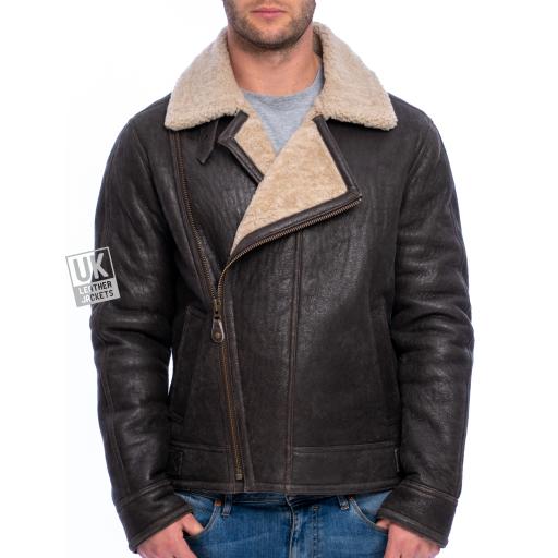 Mens Shearling Sheepskin Flying Jacket - Vail - Aged Crinkle Brown - Front