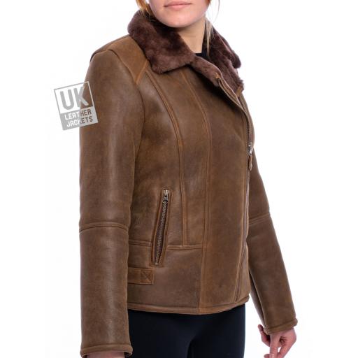 Womens Sheepskin Flying Jacket - Sierra - Dark Chestnut - Side