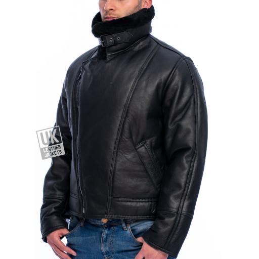 Men's Sheepskin Flying Jacket - Vintage Aviator - Black - Wind Cheater Collar