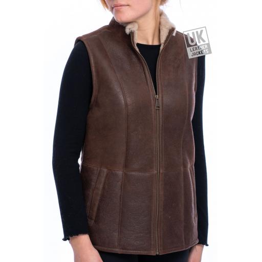 Womens Sheepskin Zip Gilet - Chestnut Brown