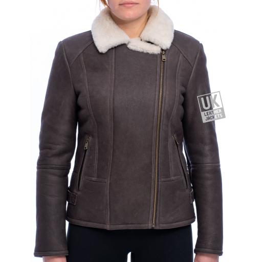 Womens Brown Sheepskin Flying Jacket - Sierra - Zipped to Neckline