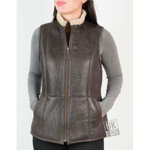 Womens Brown Sheepskin Zip Gilet - Limited Stock !