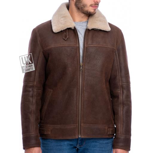 Mens Shearling Sheepskin Flying Jacket - Calgary - Chestnut Brown - Front