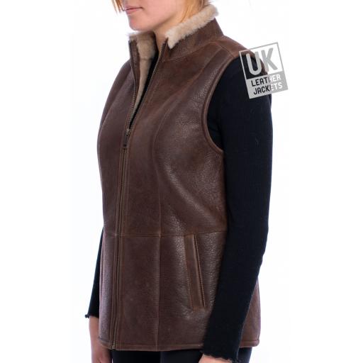 Womens Sheepskin Zip Gilet - Chestnut Brown - Side