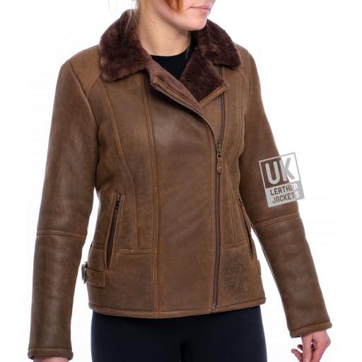 Womens Sheepskin Flying Jacket - Sierra - Dark Chestnut - Cross Zip