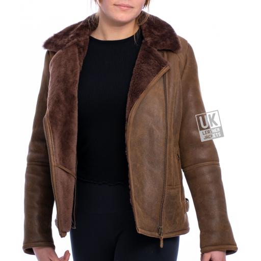 Womens Sheepskin Flying Jacket - Sierra - Dark Chestnut - Superior Quality