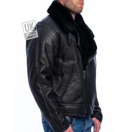 Men's Sheepskin Flying Jacket - Vintage Aviator - Black - Side