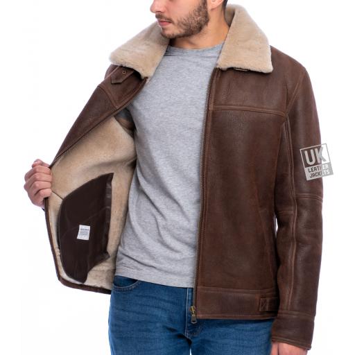 Mens Shearling Sheepskin Flying Jacket - Calgary - Chestnut Brown - Lining