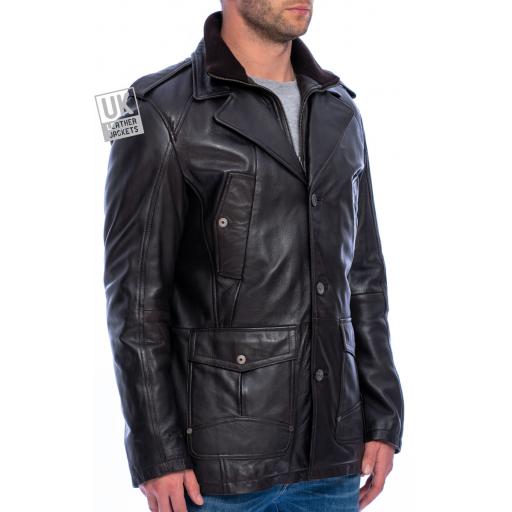 Mens Brown Leather Coat Bernie - Front