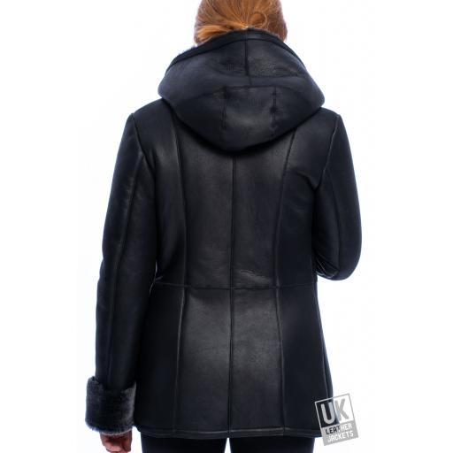 Womens Black Hooded Sheepskin Coat - Hip Length - Falon - Back