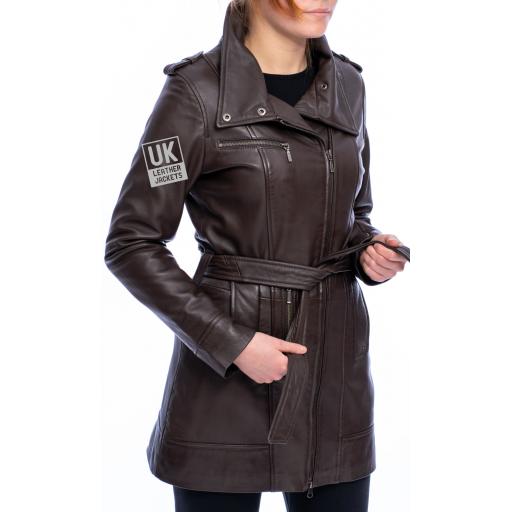 Womens Brown Leather Coat - Asymmetric Zip - Berlin - Front