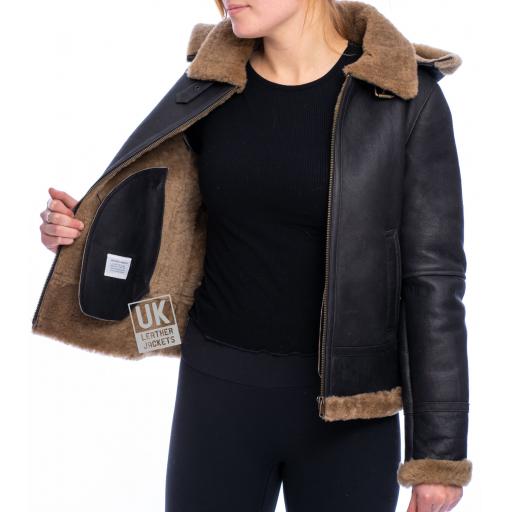 Womens Brown Sheepskin Flying Jacket - Geneva - Lining