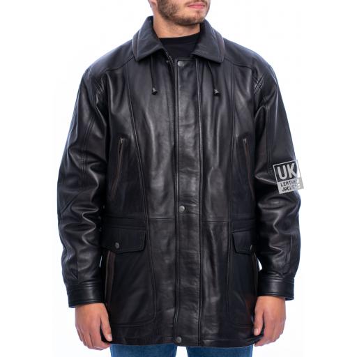 Men's Black Leather Parka Coat - Veron - Front