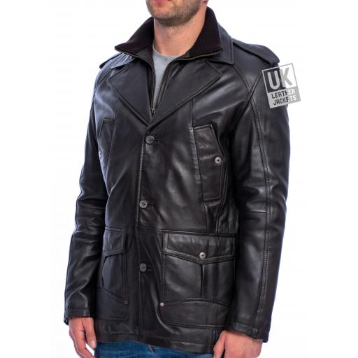 Mens Brown Leather Coat Bernie - Side