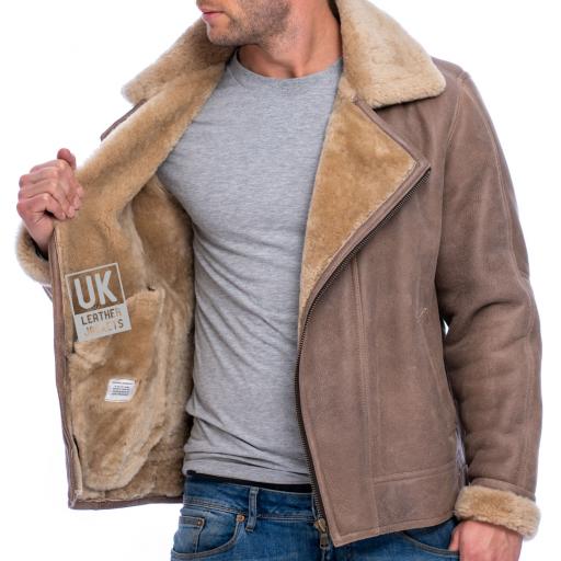 Mens Shearling Sheepskin Flying Jacket - Nevada - Light Brown - Lining