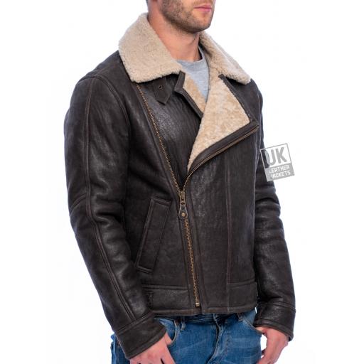 Mens Shearling Sheepskin Flying Jacket - Vail - Aged Crinkle Brown - Side