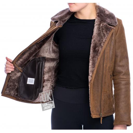 Womens Sheepskin Flying Jacket - Sierra - Light Chestnut - Lining