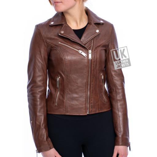 Womens Dark Tan Leather Biker Jacket – Eden - Front