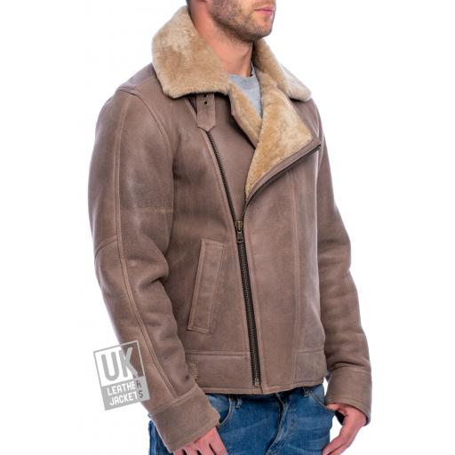 Mens Shearling Sheepskin Flying Jacket - Nevada - Light Brown - Side