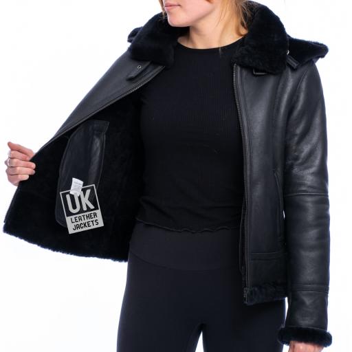 Womens Black Sheepskin Flying Jacket - Geneva - Lining