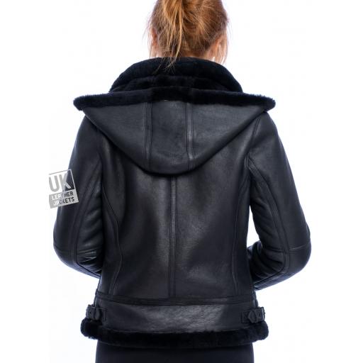 Womens Black Sheepskin Flying Jacket - Geneva - Back