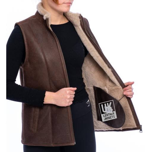 Womens Sheepskin Zip Gilet - Chestnut Brown - Lining