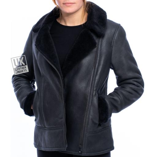 Womens Black Shearling Sheepskin Flying Jacket - Sienna - Double Breasted