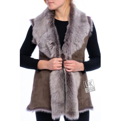 Long Toscana Sheepskin Gilet - Taupe