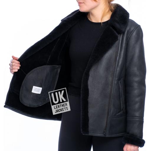 Womens Black Shearling Sheepskin Flying Jacket - Sienna - Lining