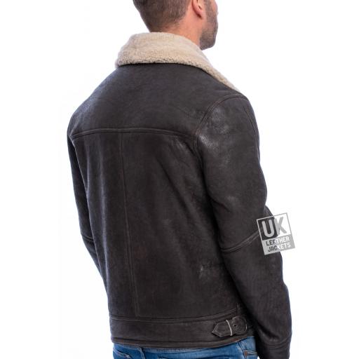 Mens Shearling Sheepskin Flying Jacket - Vail - Aged Crinkle Brown - Back