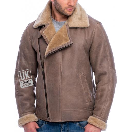 Mens Shearling Sheepskin Flying Jacket - Nevada - Light Brown - Front