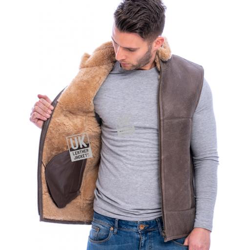 Mens Vintage Brown Sheepskin Gilet - Vancouver - Lining