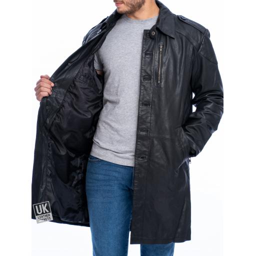 Mens Black Leather Trench Coat - Interior Lining