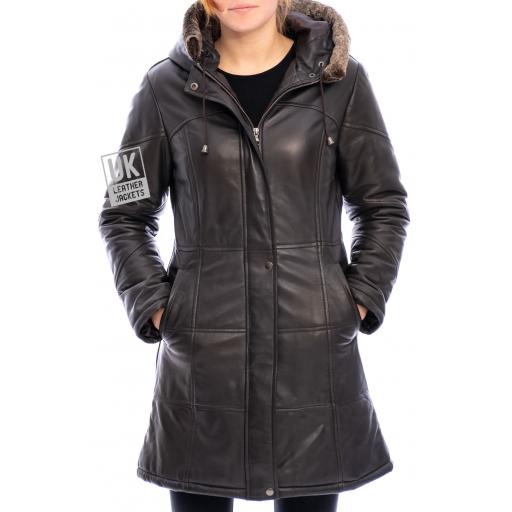 Women's Brown Leather Quilted Coat with Hood - Alicia - Waist Pockets