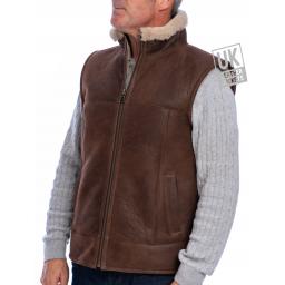 Mens Shearling Sheepskin Gilet - Vancouver - Chestnut Brown - Zip Collar