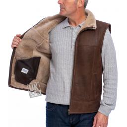 Mens Shearling Sheepskin Gilet - Vancouver - Chestnut Brown - Full Wool Lining